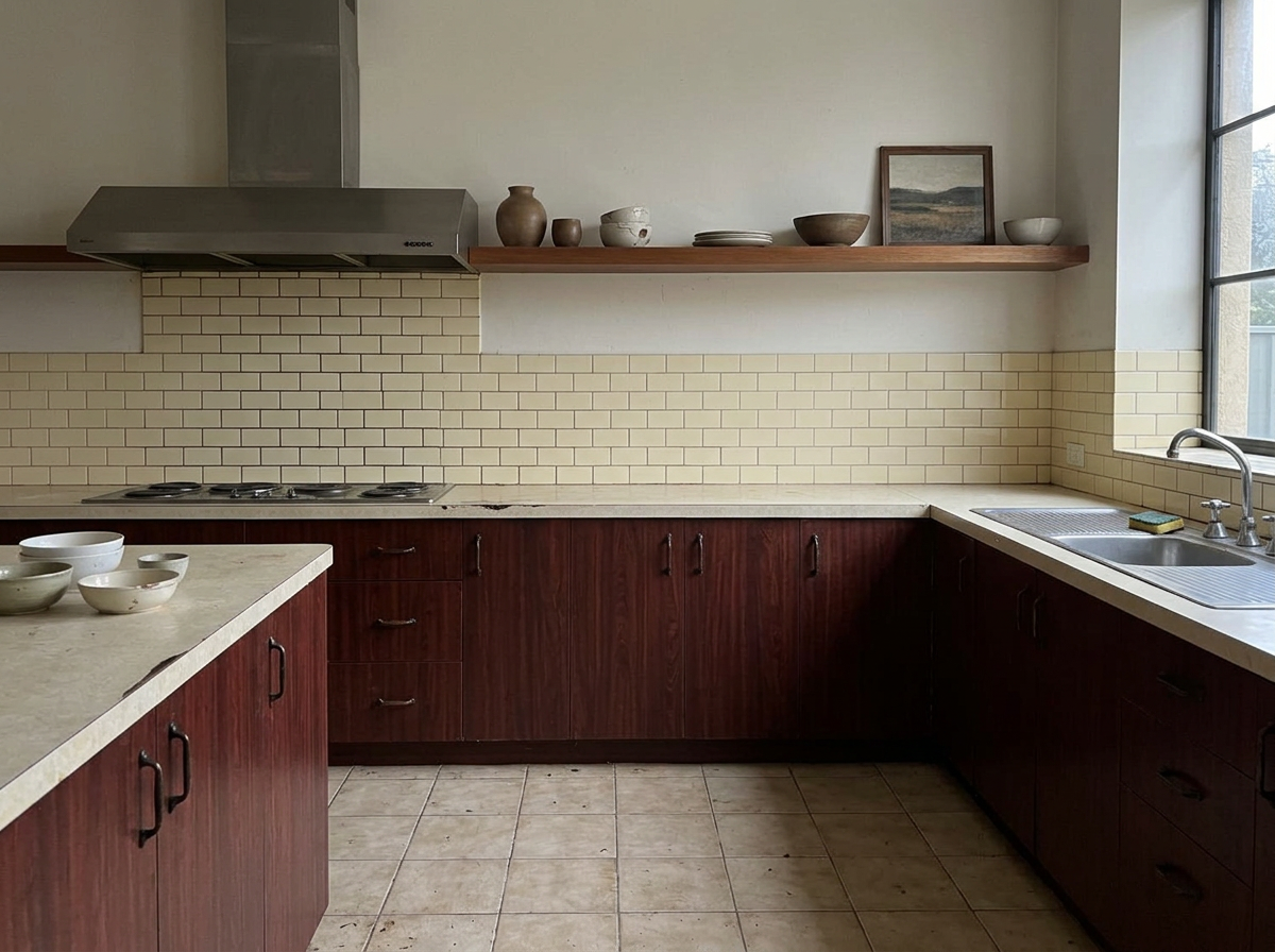 Cozinha antes da reforma: armários escuros antigos e azulejos desgastados