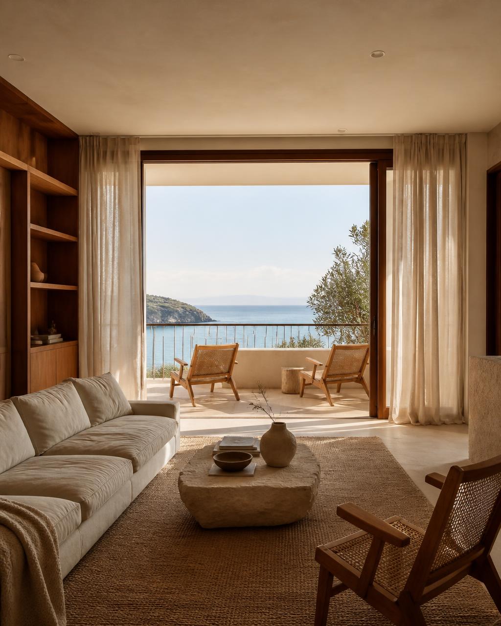Sala de estar reformada integrada à varanda com vista para o mar