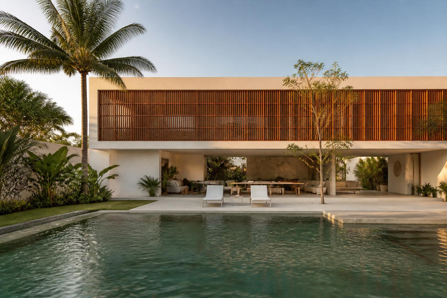 Fachada de casa moderna com brise de madeira e piscina ao entardecer