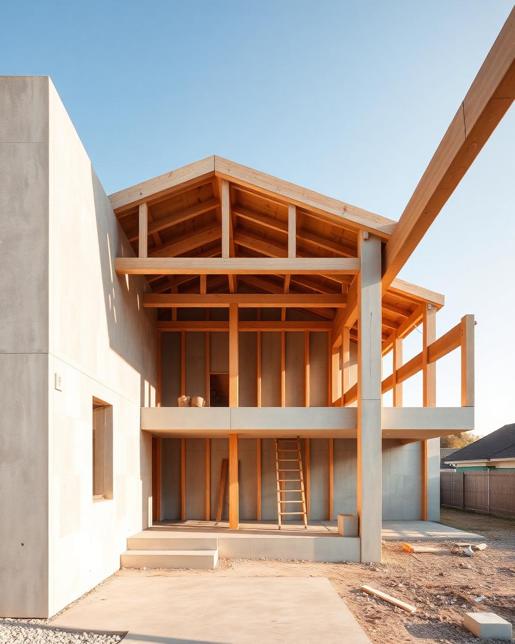 Estrutura de madeira e concreto de uma casa em construção sob luz da manhã