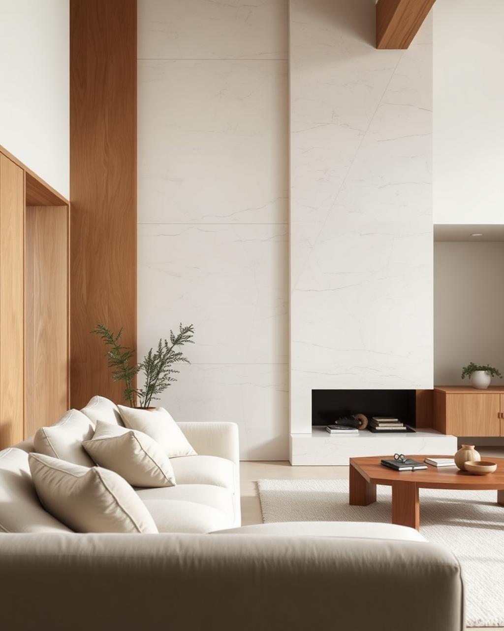 Sala de estar minimalista com painel de madeira e parede de pedra clara
